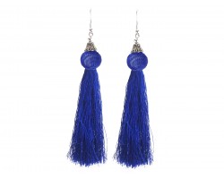 Blue Cloth Tassel Mesh Bead Silver Hook Earrings