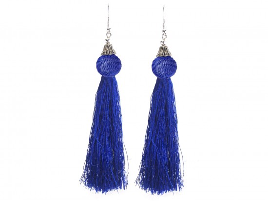 Blue Cloth Tassel Mesh Bead Silver Hook Earrings