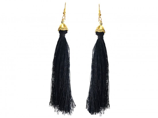 Black Cloth Tassel Gold Floral Cap Hook Earrings Black Cloth Tassel Gold Floral Cap Hook Earrings