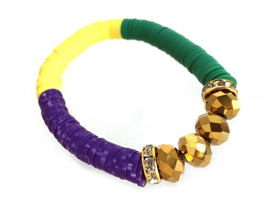 Mardi Gras Rubber Heshi Gold Bead Stretch Bracelet