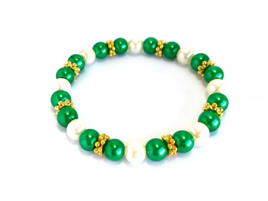 Green White Pearl Gold Spacer Stretch Bracelet