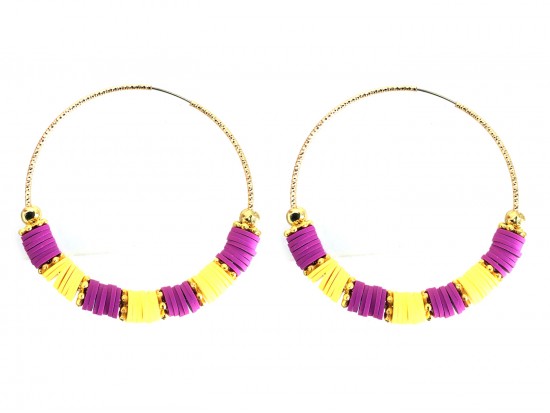 Purple Yellow Rubber Heshi 60 mm Gold Hoop Earrings