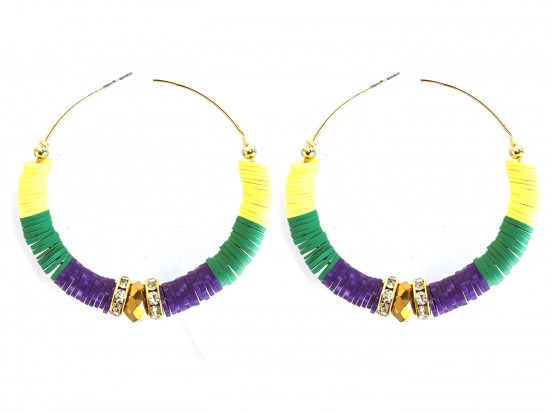 Mardi Gras Rubber Heshi Crystal 60 mm Gold Hoop Earrings