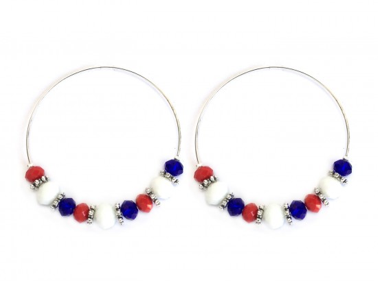 Red White Blue Crystal 60mm Silver Hoop Earrings