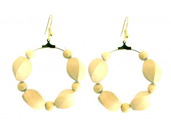 Beige Wood Swirl Bead 40mm Hoop Hook Earring