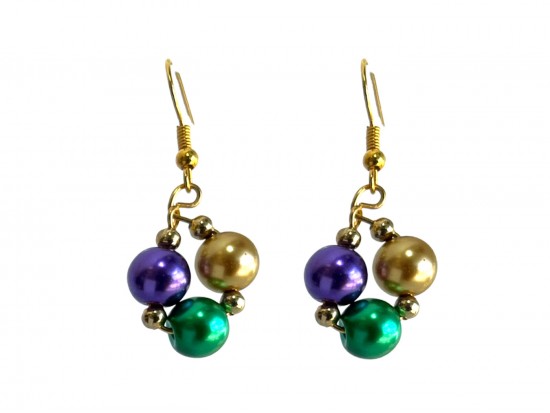 Mardi Gras 3 Pearl Small Gold Hook Earrings
