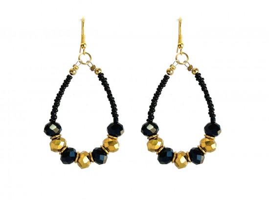 Black Gold Crystal Seed Bead Teardrop Hook Earrings