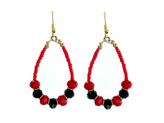 Red Black Crystal Seed Bead Teardrop Hook Earrings