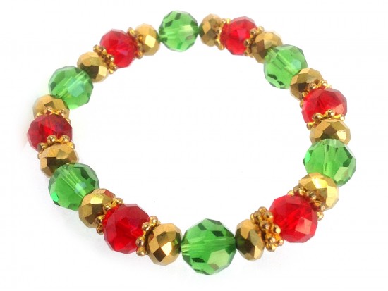 Red Green Gold Crystal Bead Stretch Bracelet