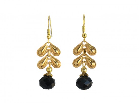 Black Crystal Gold Leaf Drop Hook Earrings