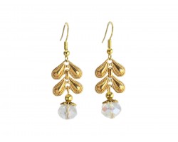 Clear Crystal Gold Leaf Drop Hook Earrings