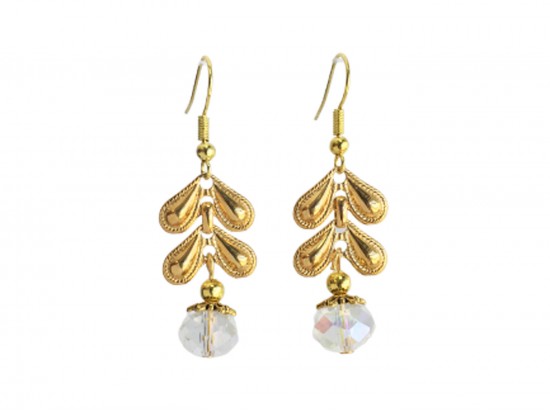 Clear Crystal Gold Leaf Drop Hook Earrings