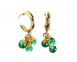 Green 3 Pearl Dangle Gold Hoop Post Earrings
