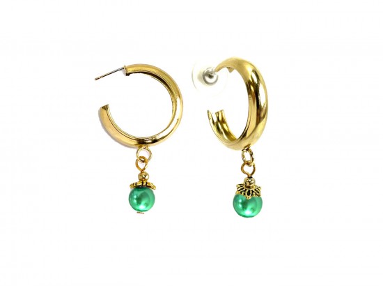 Green Pearl Dangle Gold Hoop Post Earrings