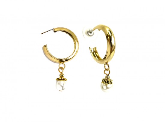 White Pearl Dangle Gold Hoop Post Earrings White Pearl Dangle Gold Hoop Post Earrings