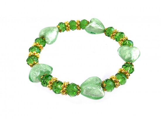 Green Crystal Foil Heart Glass Bead Stretch Bracelet Green Crystal Foil Heart Glass Bead Stretch Bracelet