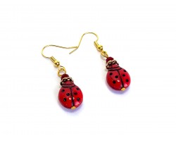 Red Glass Ladybug Hook Earrings
