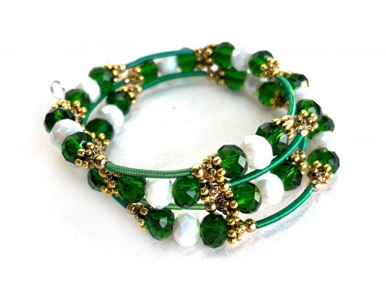 Green White Crystal Memory Wire Coil Bracelet
