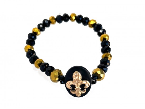 Black Gold Fleur De Lis Crystal Stretch Bracelet
