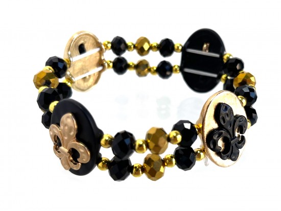 Black Gold Fleur De Lis Double Crystal Stretch Bracelet