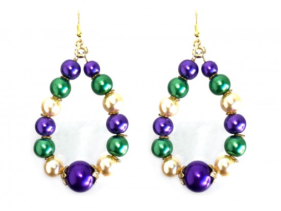 Mardi Gras Pearl Lg Teardrop Gold Hook Earrings