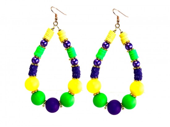 Mardi Gras X-Lg Teardrop Bead Hook Earrings