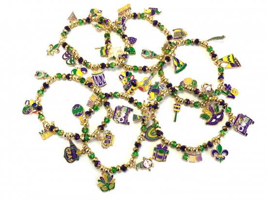 Mardi Gras Crystal Assorted Charm Gold Bracelet