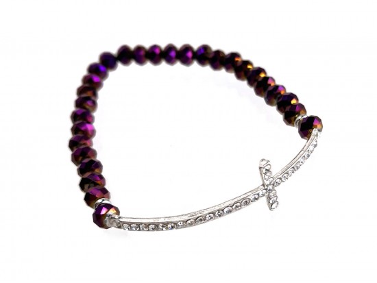 Purple Crystal Thin Cross Stretch Bracelet
