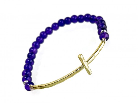 Blue Glass Bead Thin Gold Cross Stretch Bracelet Blue Glass Bead Thin Gold Cross Stretch Bracelet