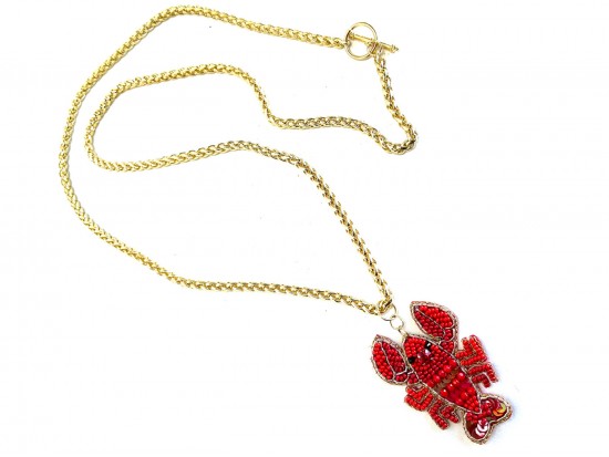 Red Seed Bead Crawfish Gold Chain Necklace