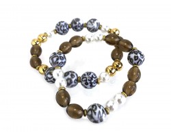 Brown Glass Leopard Pearl Bead Stretch Bracelet 2pc