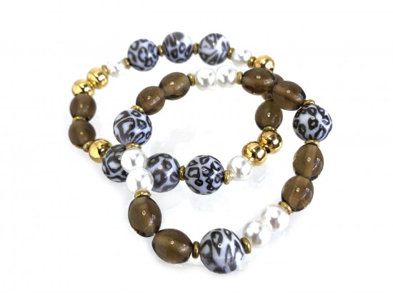Brown Glass Leopard Pearl Bead Stretch Bracelet 2pc