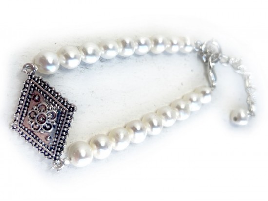White Pearl Diamond Stamp Charm Stretch Bracelet. White Pearl Diamond Stamp Charm Stretch Bracelet.