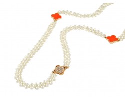 Orange Alhambra Clover Crystal Pearl Necklace