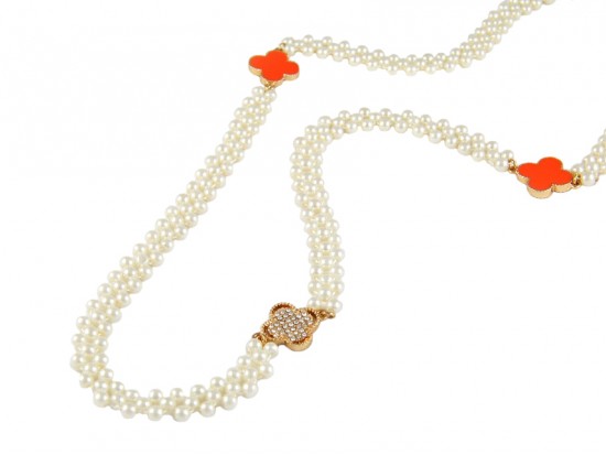 Orange Alhambra Clover Crystal Pearl Necklace