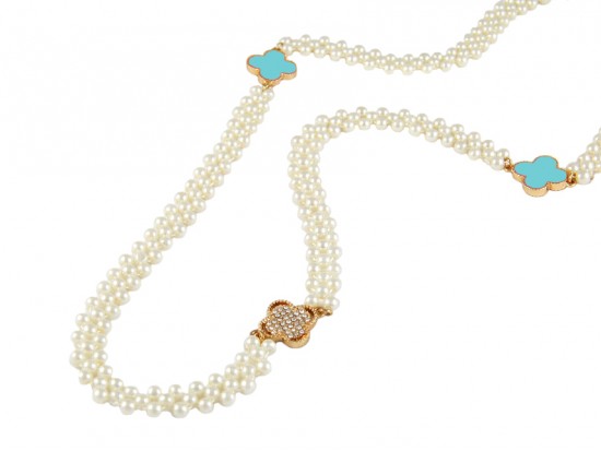 Turquoise Alhambra Clover Crystal Pearl Necklace